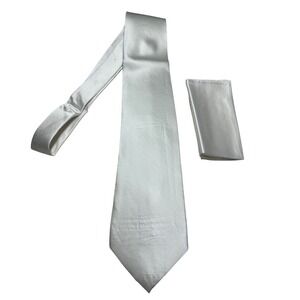 Stafford Silk Necktie and Pocket Square Set Mens Silver White Solid Satin 63"